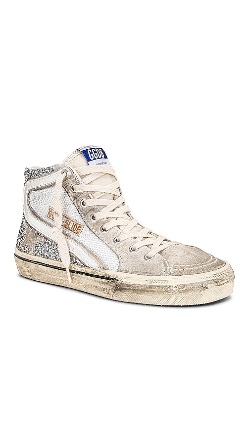Shop Golden Goose Slide Sneaker In Silver  White  & Marble