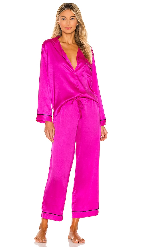 Neon Hot Pink Contrast Binding Satin Pajama Set