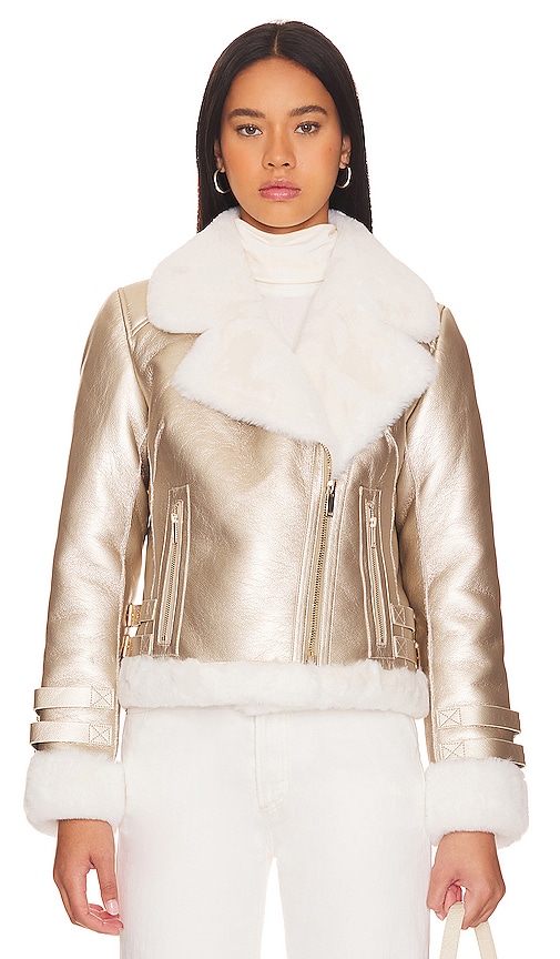 Shop Generation Love Dion Faux Fur Moto Jacket In Metallic Gold