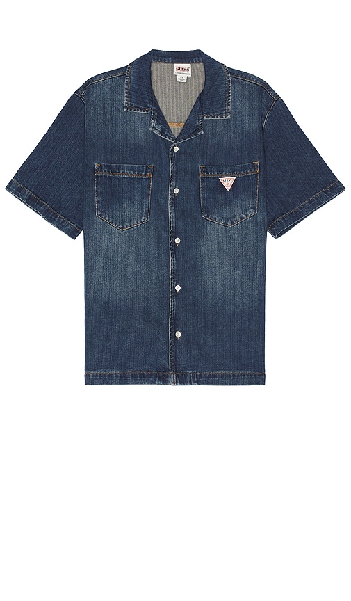 Shop Guess Originals Herringbone Denim Shirt In Blue