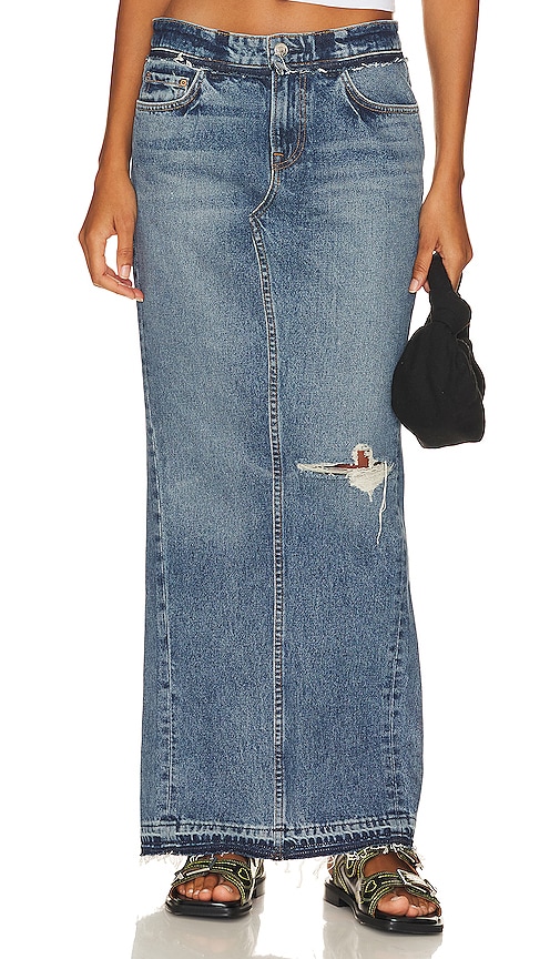 Grlfrnd Cameron Low Rise Column Maxi Skirt With Back Slit In Blue
