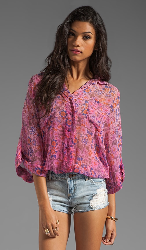 Cambridge Floral Print S/S Button Front Oversized Blouse
