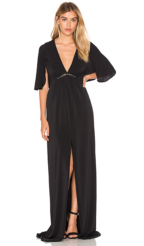 halston heritage black flounce gown