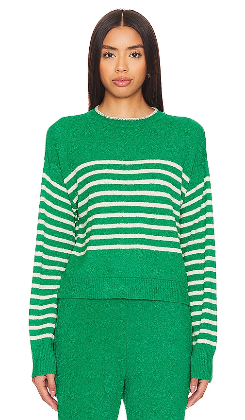 Monrow Boucle Knit Stripe Sweater In Parsley & Cream