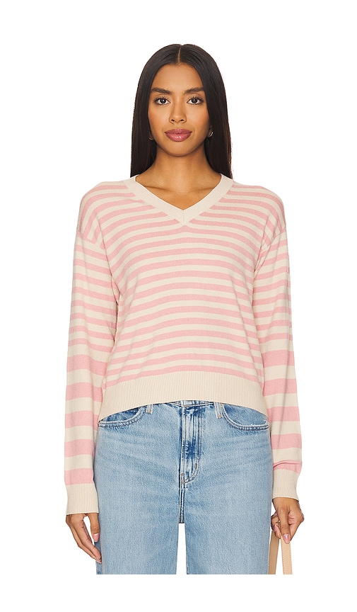 Shop Monrow Light Soft Knit Stripe V Neck Sweater In Sand & Pink