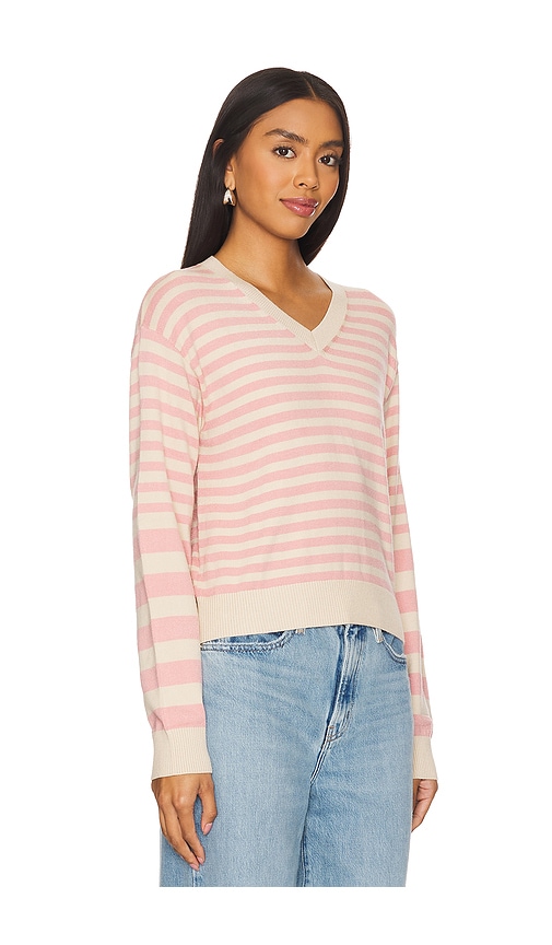 Shop Monrow Light Soft Knit Stripe V Neck Sweater In Sand & Pink