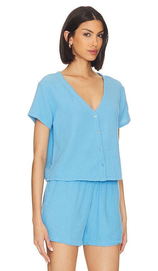 Shop Monrow Gauze Button Down Top In Blue