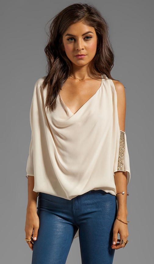 Cowl Blouse with Studded Suede Sleeve