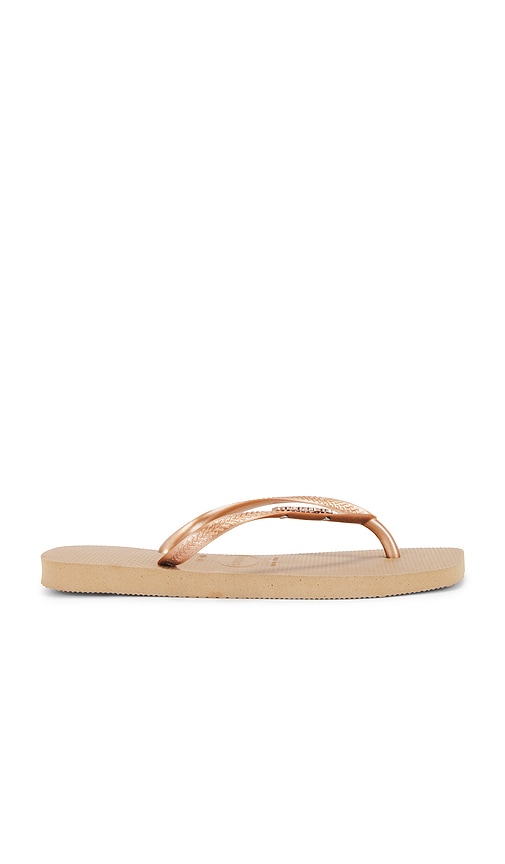 Shop Havaianas Slim Square Logo Metallic Sandal In Rose Gold