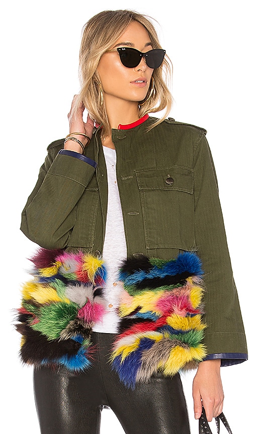 OD Field Jacket With Multicolor Fox Fur Panel