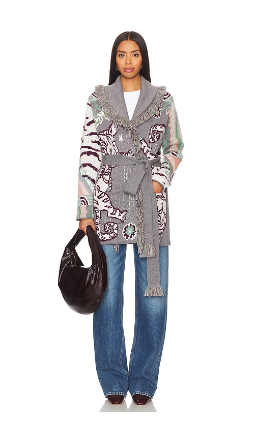 Shop Hayley Menzies Tibetan Tiger Jacquard Short Cardigan In Grey