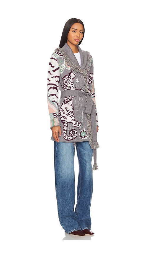 Shop Hayley Menzies Tibetan Tiger Jacquard Short Cardigan In Grey