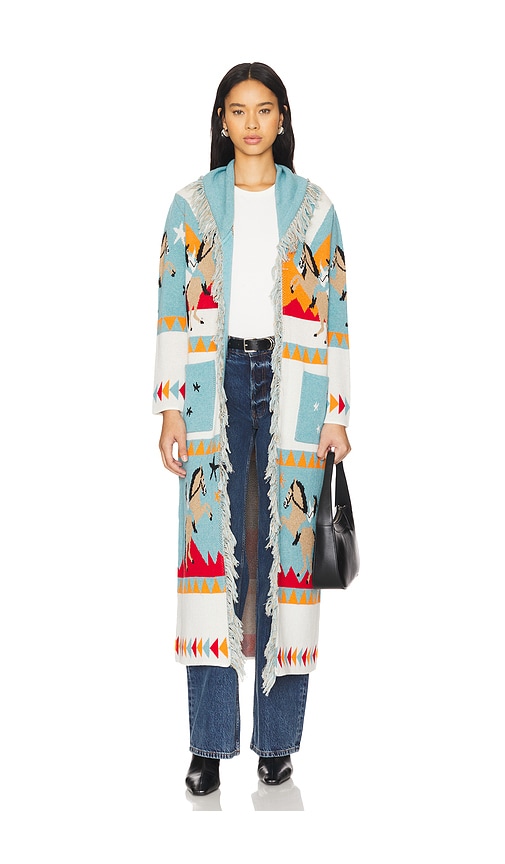 Shop Hayley Menzies Sunrise Rodeo Merino Cotton Jacquard Long Cardigan In Blue