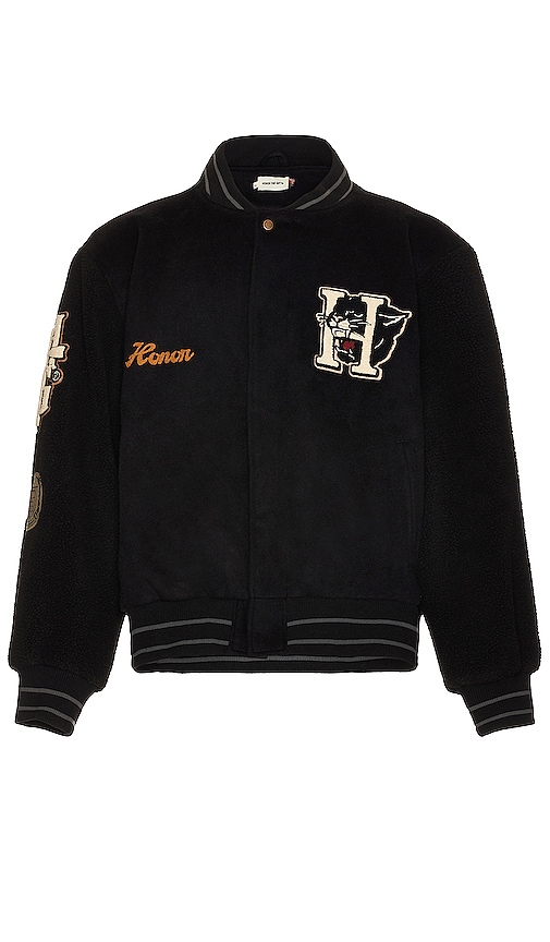 Honor The Gift Letterman Jacket in Black REVOLVE