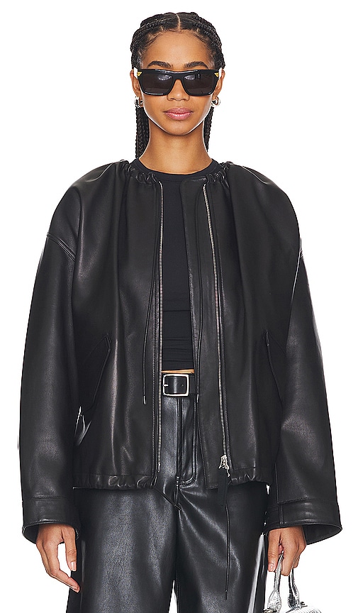 Helmut Lang Ruched Leather Jacket in Black.