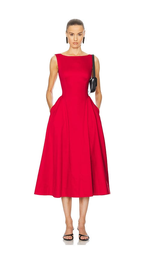 Helsa Stretch Cotton Sateen Midi Dress in Red