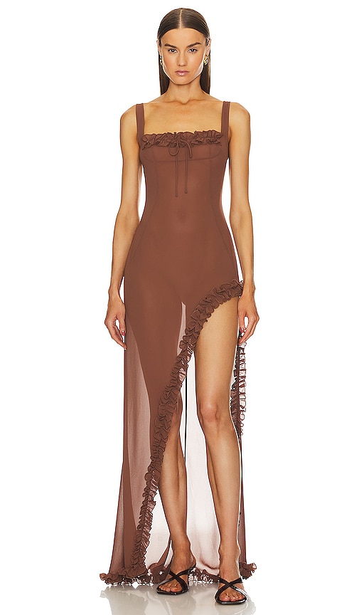 Helsa Sheer Ruffled Long Dress in Chocolate Brown