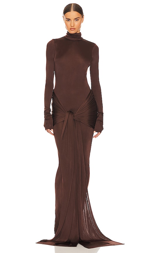 Helsa Slinky Jersey Sarong Maxi Dress In Chocolate Brown