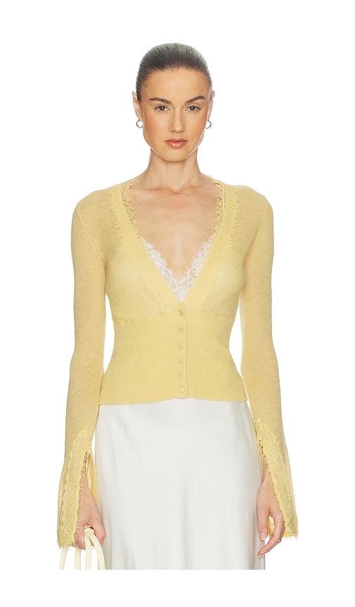 Helsa Bridgitte Lace Trim Cardigan in Yellow
