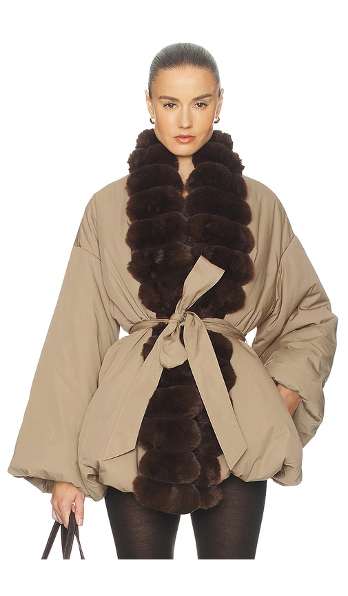 Helsa Bubble Puffer With Faux Fur in Tan & Cedar