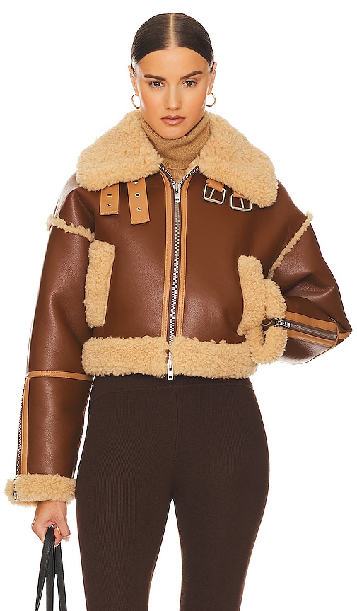 Product image of Helsa Cropped Faux Shearling Jacket in Coffee Brown. Click to view full details
