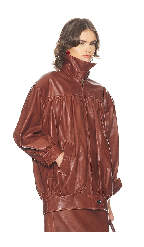 Helsa The Shirred Oversized Leather Jacket In Brown