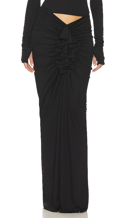 Helsa Matte Jersey Long Ruched Skirt In Black