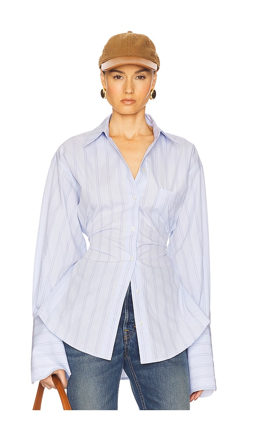 Helsa Stripe Poplin Lace Back Shirt in Blue Multi Stripe