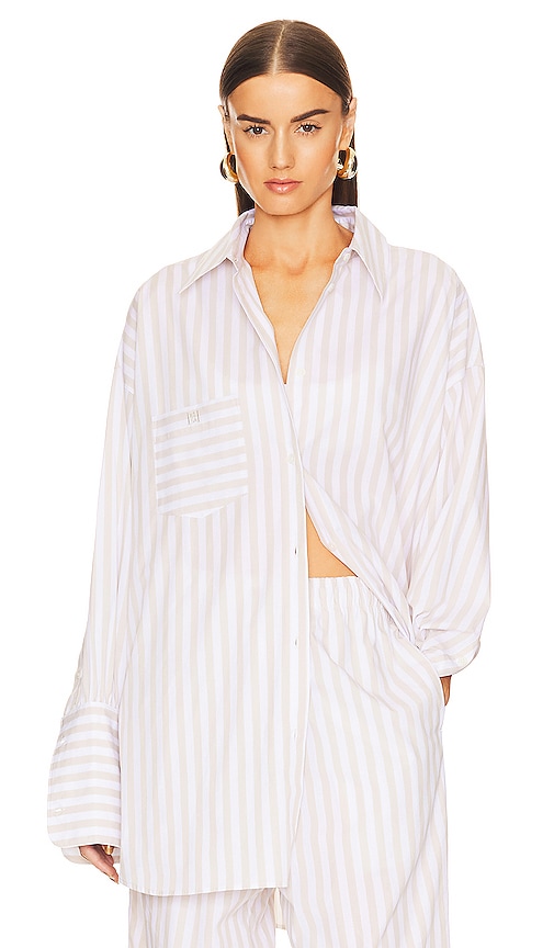 Helsa Cotton Poplin Stripe Oversized Shirt In Beige Stripe