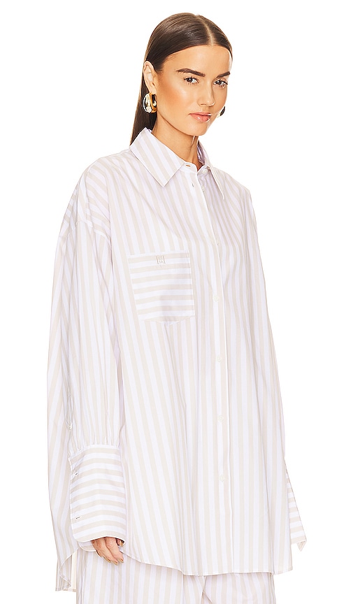 Shop Helsa Cotton Poplin Stripe Oversized Shirt In Beige Stripe