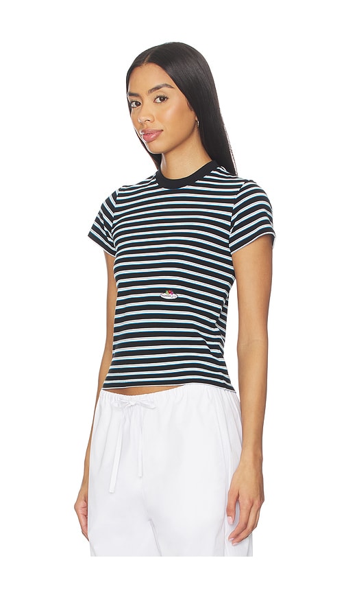  Hommegirls X Fruit Of The Loom Striped Baby Tee In Baby Blue With Printed Fruit Clusters In Black,blue. Size Xs. Also In S. 