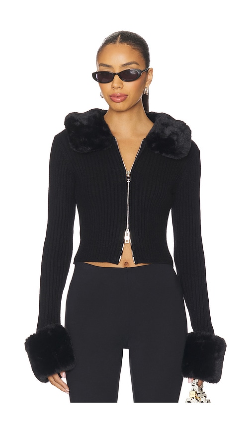 House of Sunny Peggy Cardigan With Faux Fur Trim in Sable