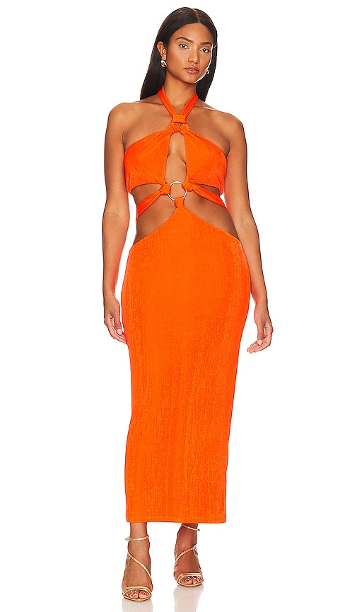 | h:ours in Fernanda REVOLVE Midi Neon Dress Orange