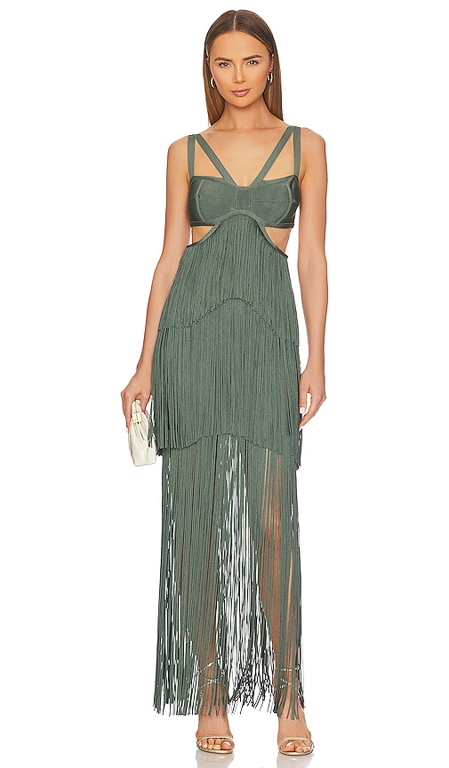 HERVE LEGER STRAPPY TIERED FRINGE GOWN