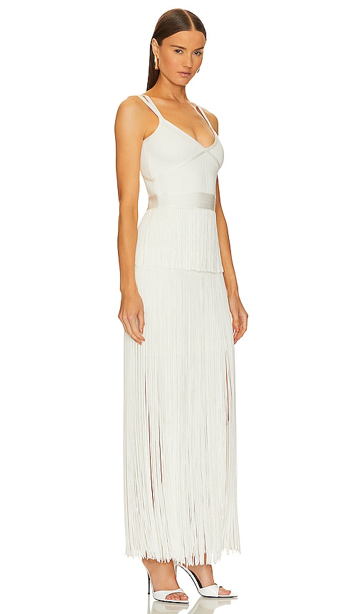 Shop Herve Leger Icon Strappy Ottoman Fringe Gown In Alabaster