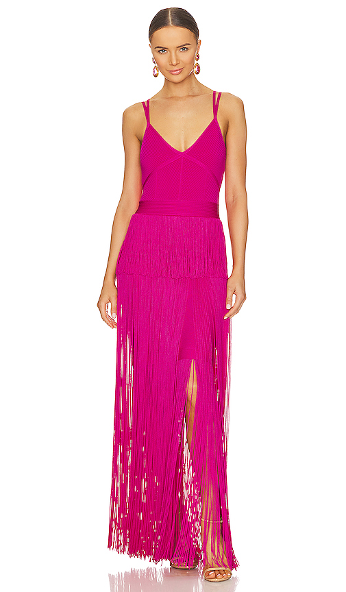 Herve Leger Tiered-fringe Corset Ottoman Gown In Magenta