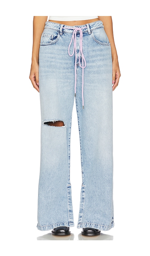 Icon Denim Poppy Light Blue Wide Jeans With Cut-out In Cotton Denim Woman In Blue