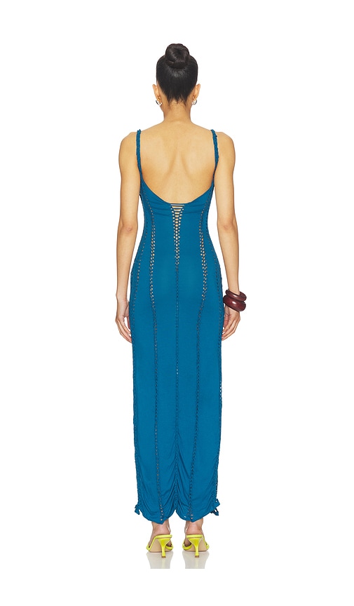  Indah Soren Solid Maxi Slash Dress With Macrame Trim In Blue. Größe S. Also In Xs, M, L. 
