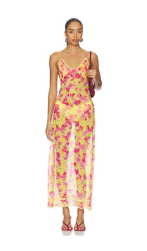 Indah Priscilla Printed Lace Trim Triangle Bust Slip Dress in Yellow,Pink. Size L. Also in M, S, XS.