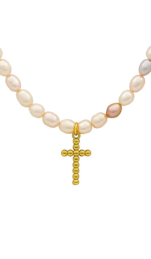 JOY DRAVECKY JEWELRY RICE PEARL & CROSS NECKLACE