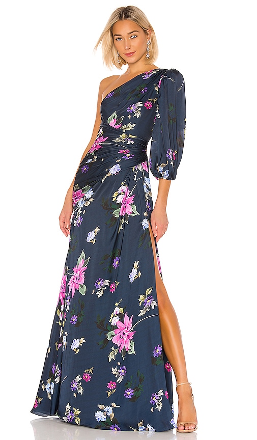 one shoulder floral gown