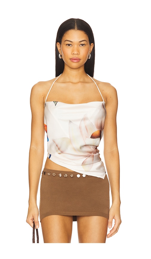 Juliet Johnstone Printed Cowl Neck Halter Top In Beige