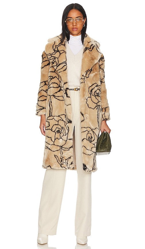 Jakke Katie Floral Lines Faux Fur Coat in Biscuit | REVOLVE