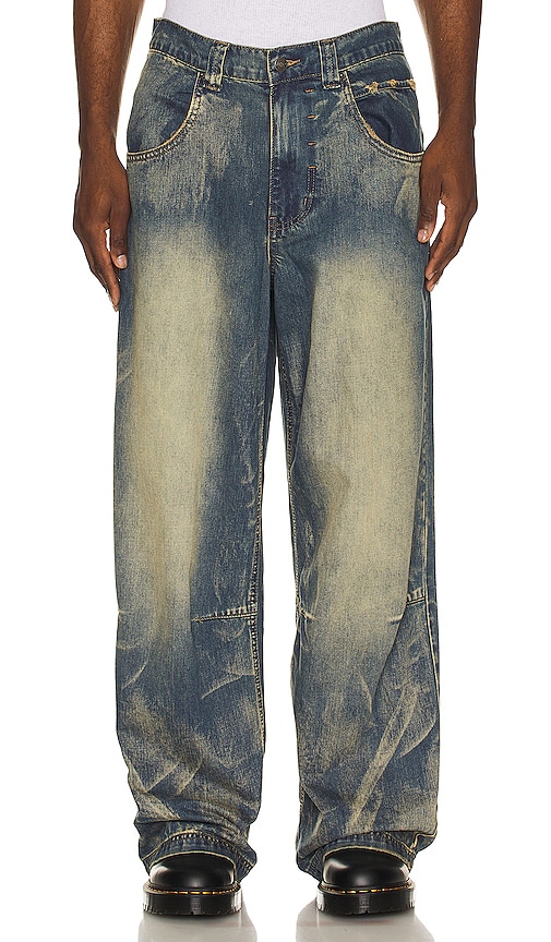 Jaded London Wing Print Studded Lowrise Colossus Jeans In Blue