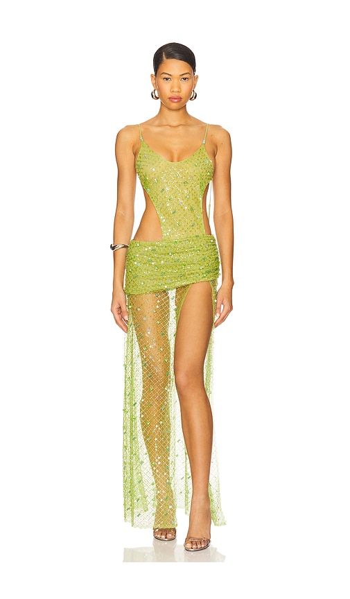 Jaded London Beaded Mesh Knit Maxi Dress in Green | REVOLVE