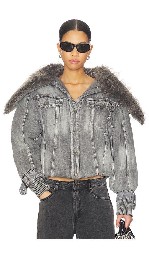 Jaded London Alloy Denim Bomber Jacket With Faux Fur Collar In Multi