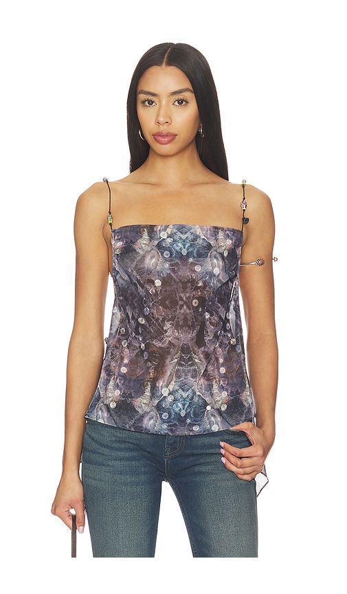 Print Open Back Top With Beads