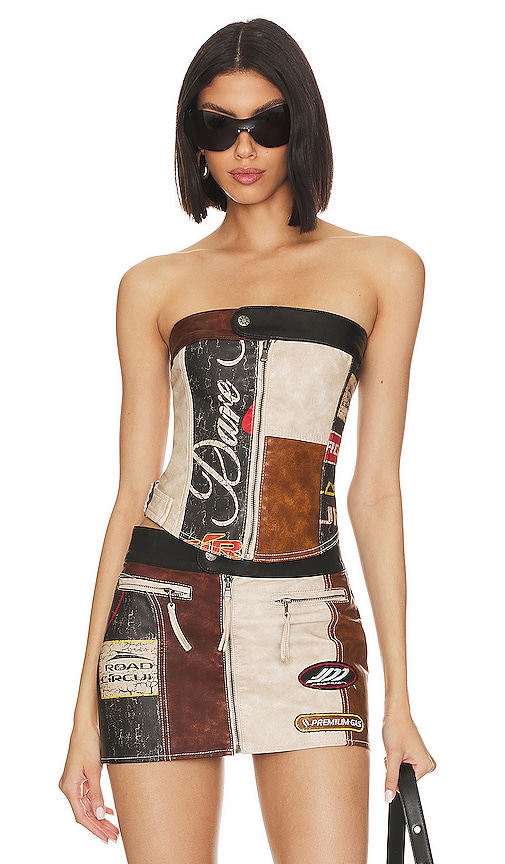Jaded London Daytona Faux Leather Corset Top in Brown & Blue