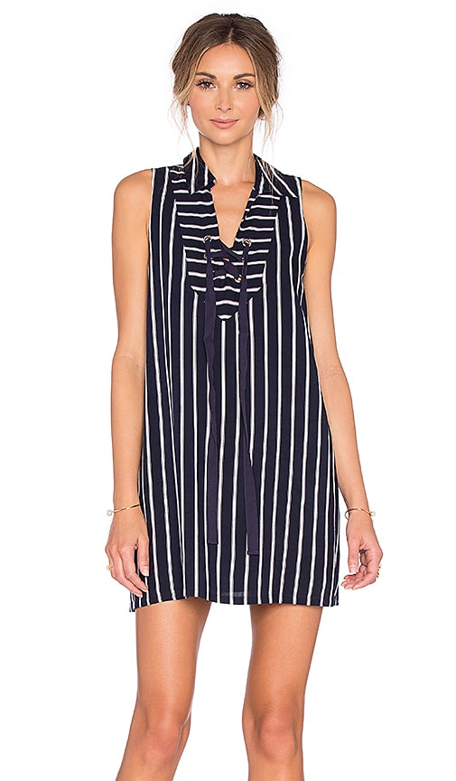 J.O.A. Lace Up Stripe Mini Dress in Navy | REVOLVE