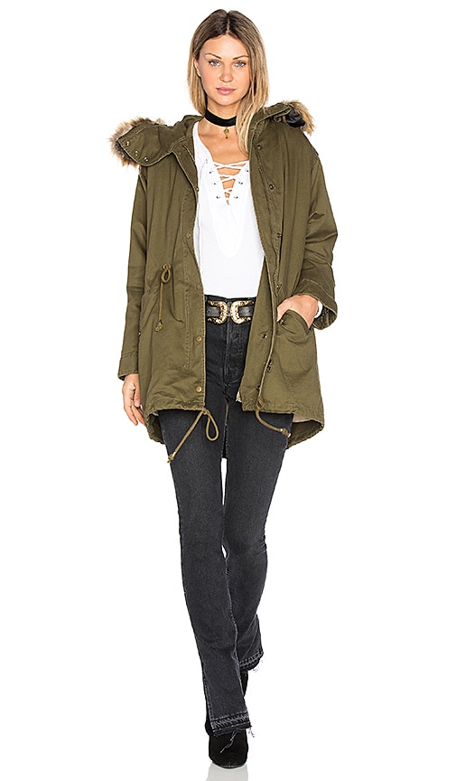 J.O.A. Drawstring Jacket with Faux Fur Trim in Army Green | REVOLVE